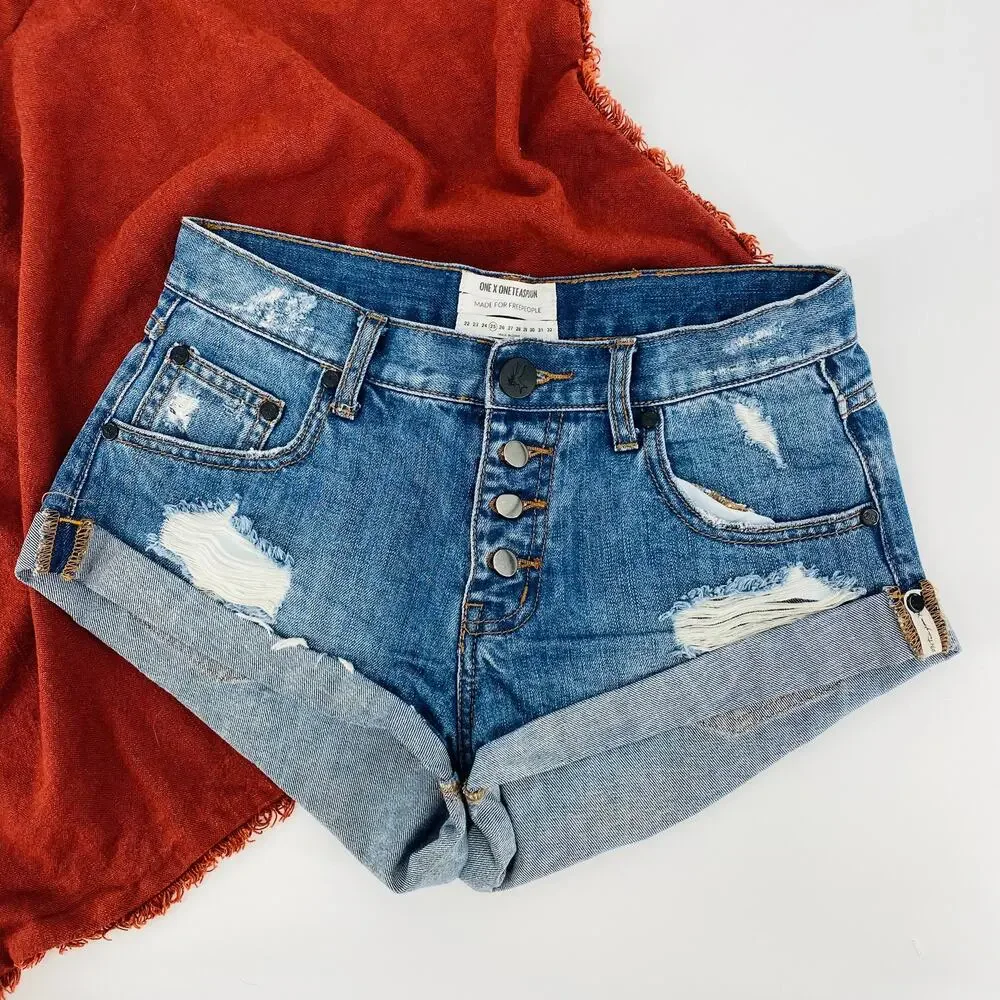One Teaspoon Button Rolled Hem Distressed Shorts